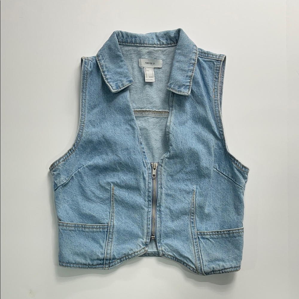 Blue Denim collared V-neck sleeveless Vest full zip front pockets layer festival